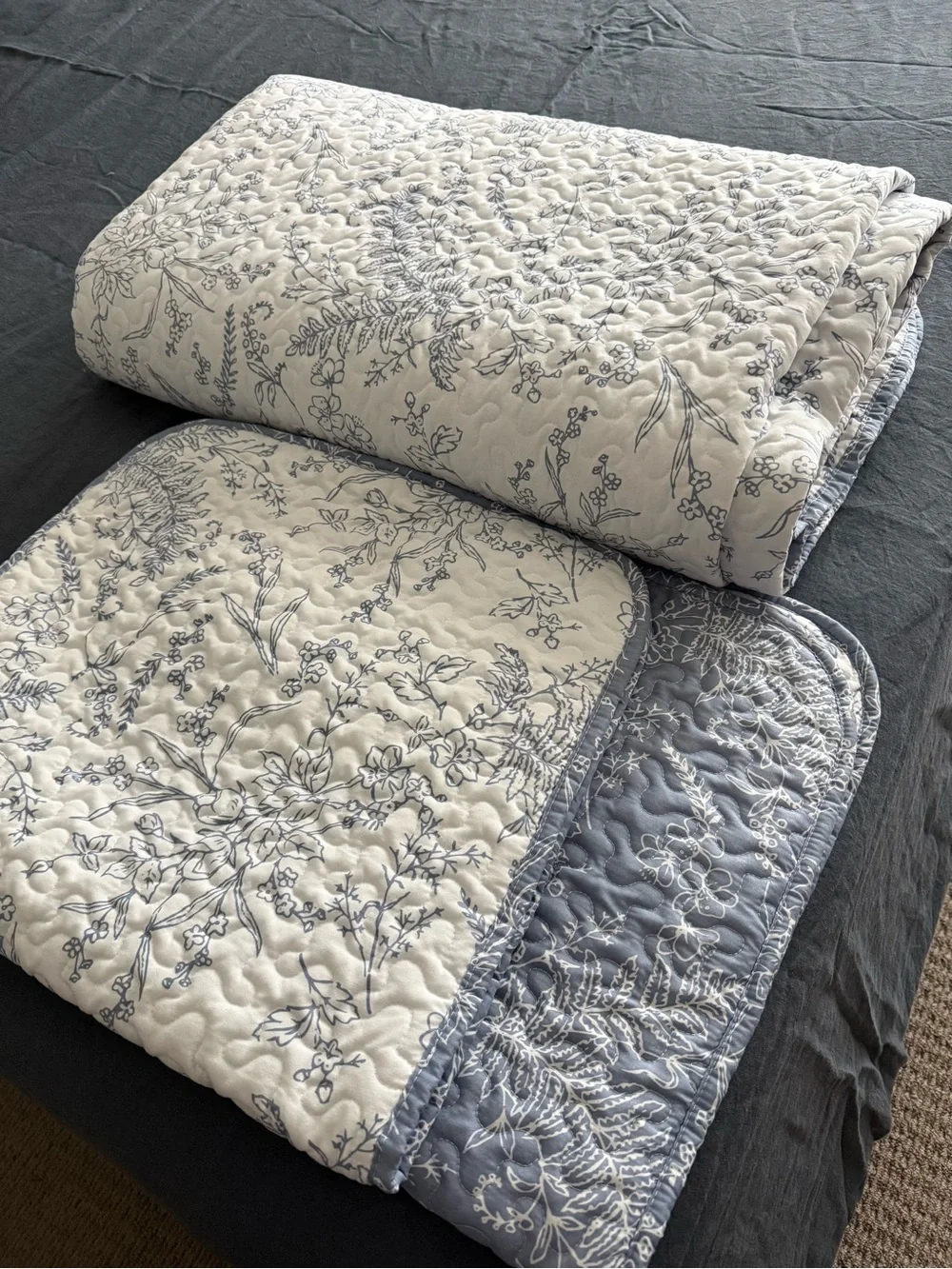 Blue Floral Quilted King Size Reversible Home Bedding Quilt Set